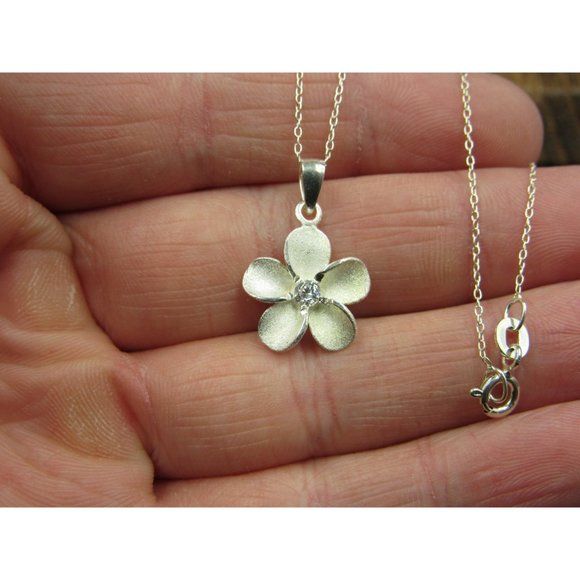 16 Inch Sterling Silver Cute Cubic Zirconia Flower Pendant Necklace - Picture 2 of 6